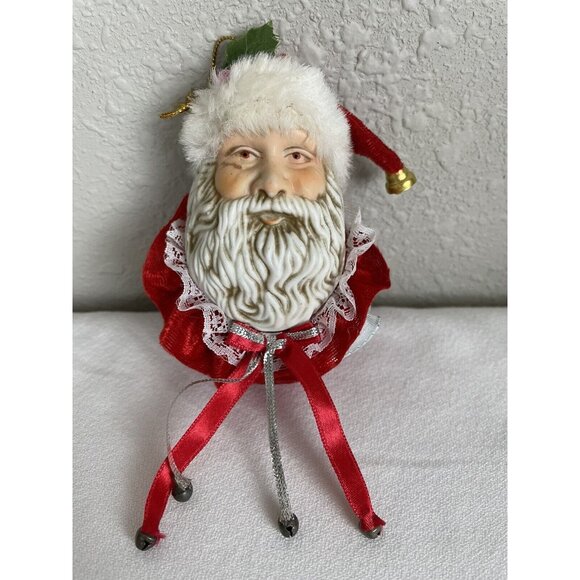Unbranded Other - Vintage Hand Painted Porcelain Santa Ornament Red Velvet Bells Lace Bells